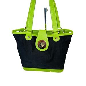 Kate Spade Satchel Handbag Purse Bucket Bag Black Canvas Neon Green Wood Bottom